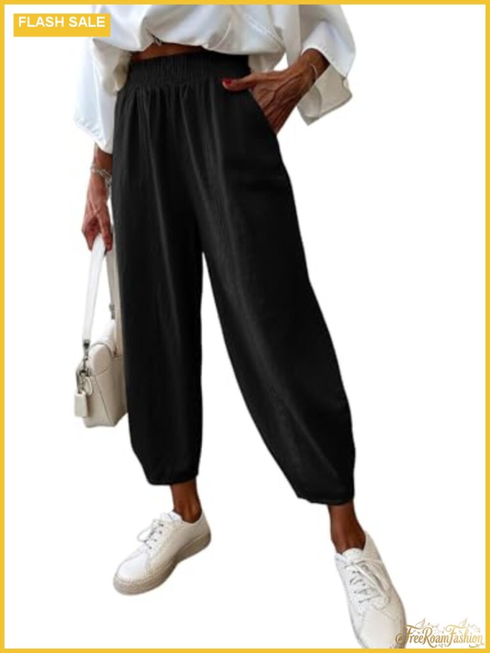 Womens Wide Leg Cotton Casual Lounge Pants Elastic Waist Harem